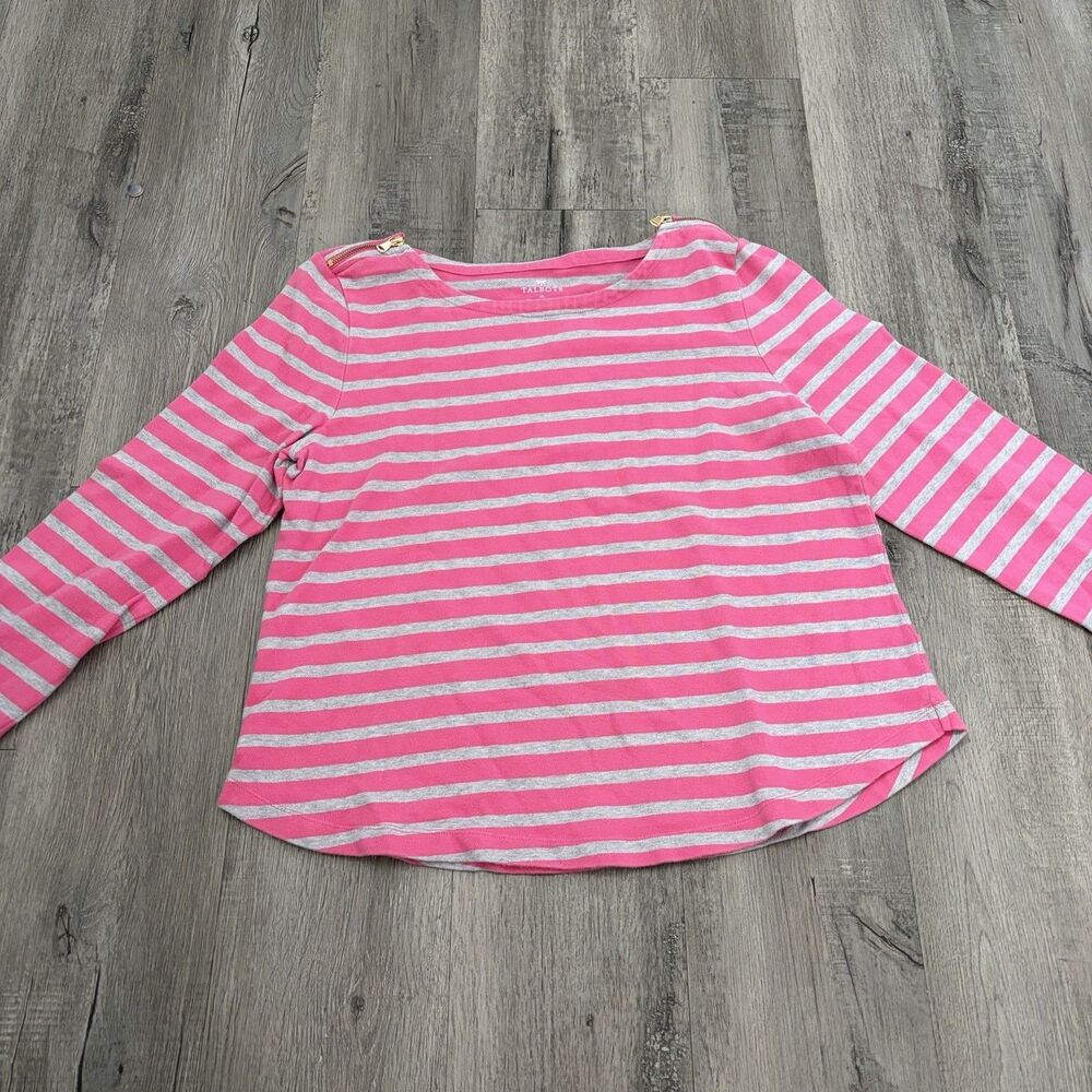 Talbots Pink Gray Striped Long Sleeve Zipper Shoulder Cotton Top XL